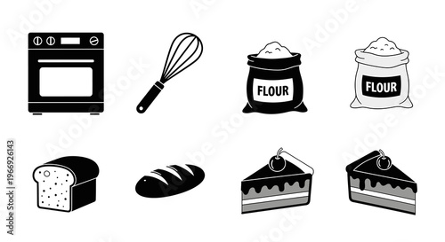 Essential baking ingredients and kitchen tools collection featuring an oven, whisk, flour bags, fresh bread, and delicious cake slices in a monochromatic vector style
