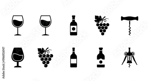 Versatile Collection of Black Wine Icons Featuring Glasses, Bottles, Grapes, and Corkscrews, Perfect for Beverage, Celebration, and Restaurant Design Elements