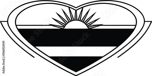 Black and white heart shape containing a rising sun over horizontal stripes 1