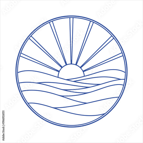 Minimalist Ocean Waves with Rising Sun Circle Line Art Vector Illustration