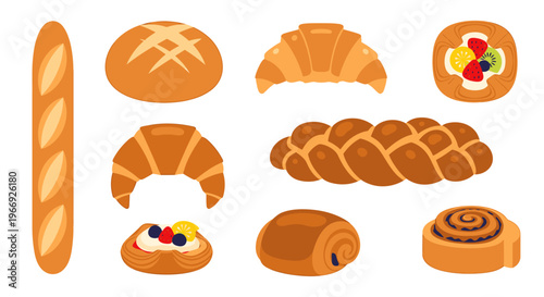 A delightful collection of freshly baked goods and sweet pastries, including a baguette, croissants, challah bread, and fruit tarts, perfect for breakfast or bakery displays