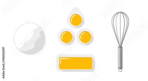 An illustrative display of essential baking ingredients and kitchen tools, featuring fresh flour, vibrant sunny-side-up eggs, golden butter, and a handy whisk for cooking