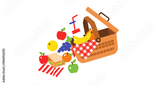 Picnic illustration open basket with fresh fruits, sandwich, and drink, on a red checkered blanket. Ideal for al fresco dining and summer leisure
