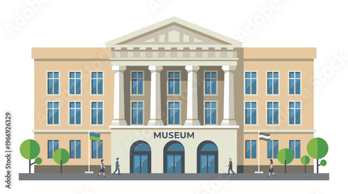 Vector illustration of a classical museum building, grand columns, impressive facade. An iconic public institution for cultural heritage, history, art, and education