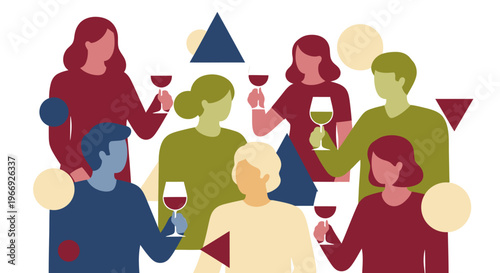 Vibrant flat illustration of diverse people raising red wine glasses, symbolizing friendship, connection, and shared celebration at a joyful social gathering or event