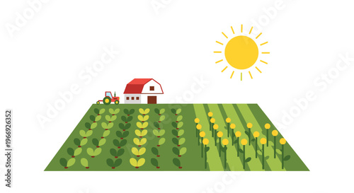Illustration of a sunny farm landscape with green crops, sunflowers, a red barn, and a tractor, representing agriculture, growth, and harvest