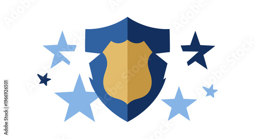 Emblematic shield with a central badge, encircled by an array of stars, symbolizing security, official protection, law enforcement commitment, and recognized achievement in excellence