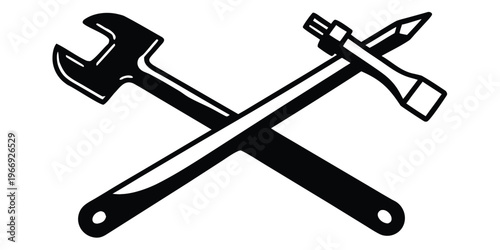 Black and white of a crossed wrench and a pencil on a white background