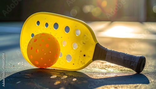 Yellow pickleball paddle and ball on textured surface with sunlight.