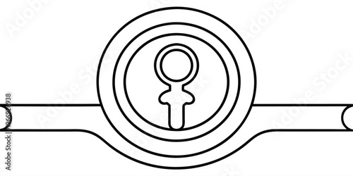 Minimalist black and white line of a circular emblem with a central keyhole symbol