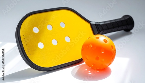 Yellow pickleball paddle and orange ball on a white surface.