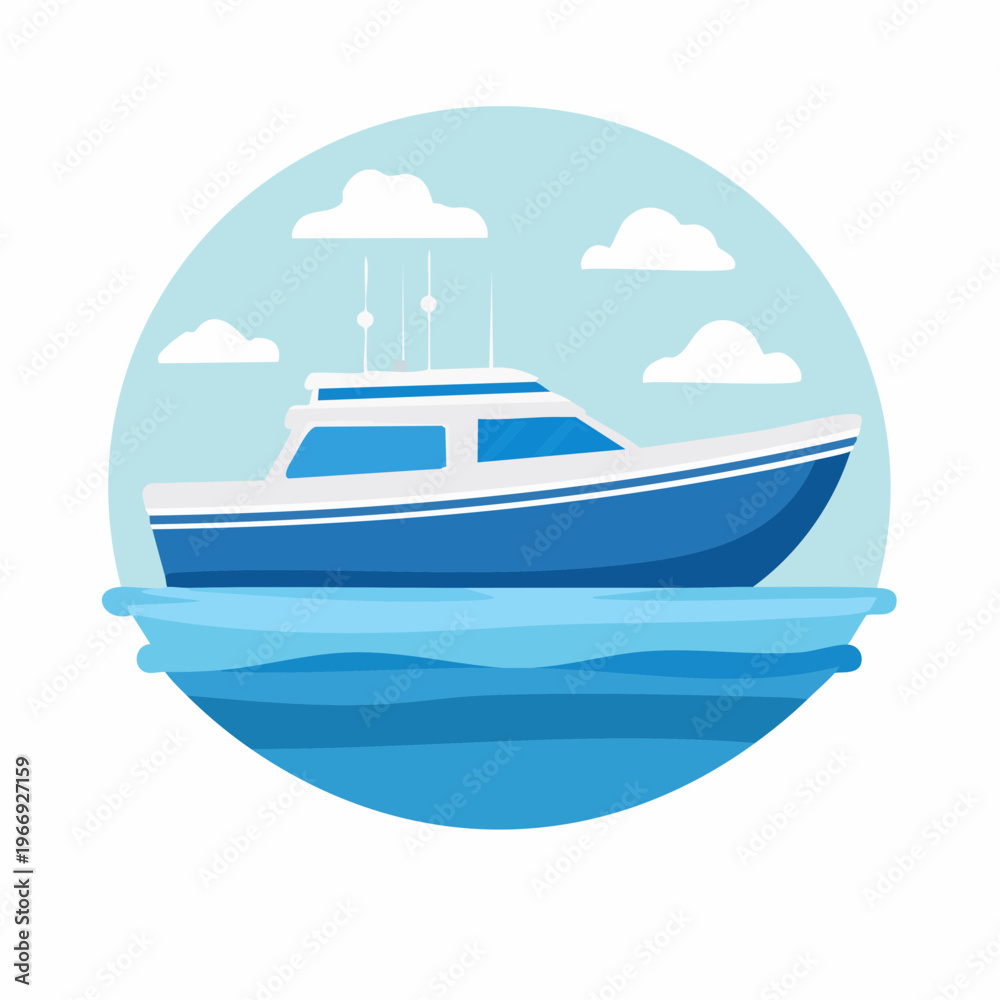 Naklejka premium Blue yacht sailing on water with clouds in a circular illustration