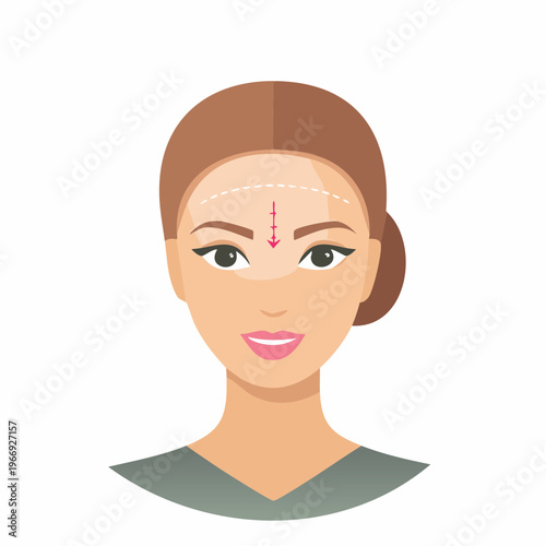 Illustration of a woman's face with dotted lines and arrows, beauty concept
