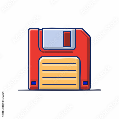 Retro red floppy disk, old data storage vector illustration, flat design concept.