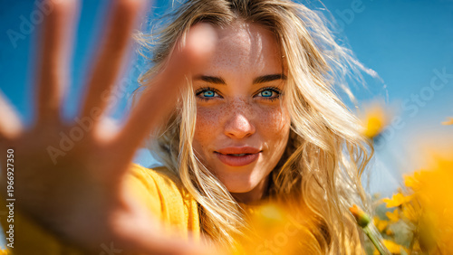 Jeune femme blonde mettant sa main  pour ne pas être prise en photo dans les fleurs jaunes