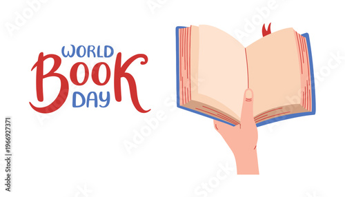 A hand holding an open book on World Book Day celebration