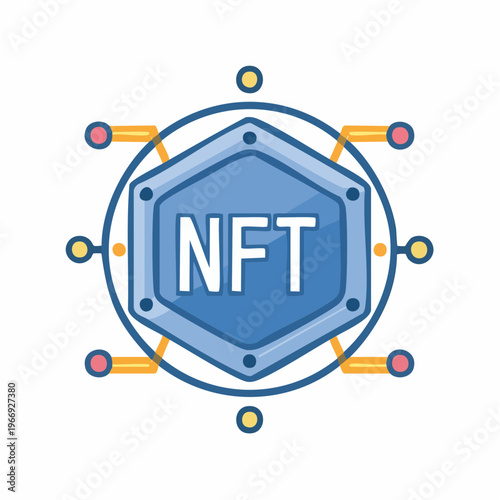 NFT token graphic illustration, symbol for digital assets, cryptocurrency, crypto art and blockchain technology.