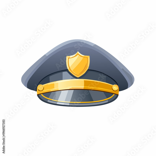 Cartoon police hat with gold shield and badge, illustration of cap, emblem design