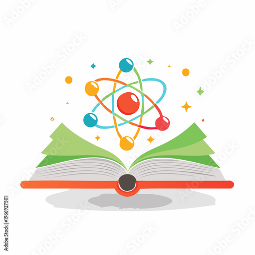 Colorful illustration of an open book with an atom model representing science and knowledge.