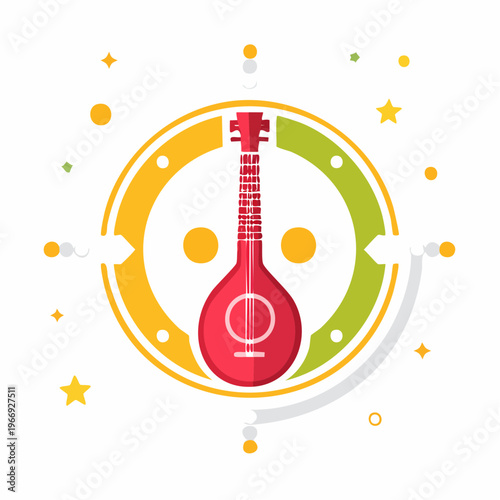 Stylized red stringed musical instrument with a round frame, geometric design