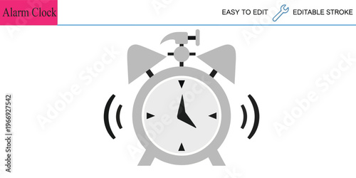 A retro alarm clock rings loudly with a hammer striking bells, signaling an urgent time or morning wake-up call, isolated on a white background in a simple flat design.