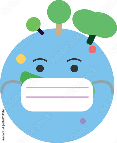 Cute Stylized Earth Planet Cartoon Character Illustration Wearing A Protective Medical Face Mask Symbolizing Global Health Awareness And Environmental Protection Concepts