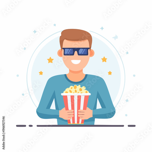 Happy person watching a movie with popcorn and 3D glasses