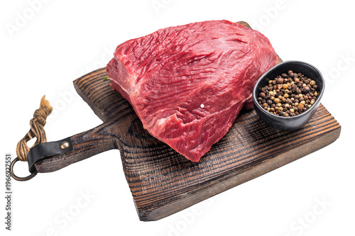 Butcher cutting board with Raw Wild Boar meat, fresh Game Meat Isolated on white background. top view
