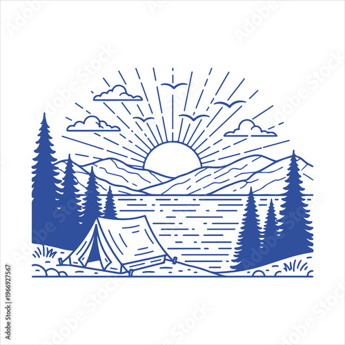 Mountain Lake Camping Scene with Tent and Sunrise Rays Line Art Vector Illustration