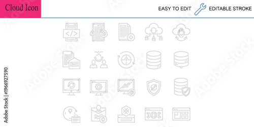 Collection of linear icons representing cloud computing, data storage, network servers, databases, document management systems, and cybersecurity with editable strokes.