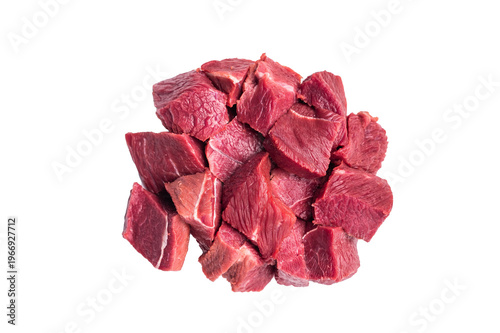 Diced Raw Boar meat, uncooked Game Meat Isolated on white background. top view