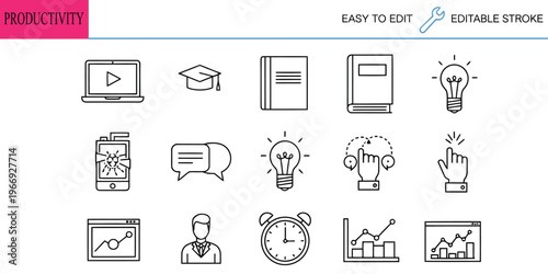 Collection of productivity icons set, featuring flat graphic design elements in black-and-white outline style, easily editable with vector illustrations.