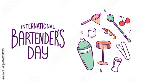 International Bartender's Day illustration with cocktail shaker and tools