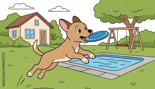A playful dog jumping into a backyard pool with a frisbee