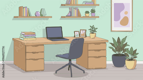 Modern minimalist home office with wooden desk, laptop, plants, and bookshelves