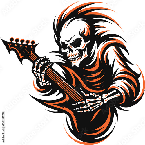 Skeleton Guitar Player Black Orange Silhouette Vector