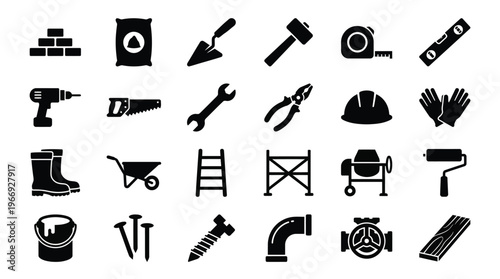 Construction Tools and Materials Collection Isolated on White Background