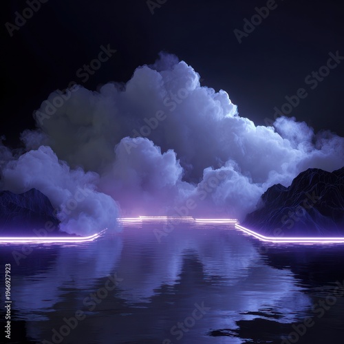 Futuristic Night Scene with Glowing Cloud and Neon Reflections on Water