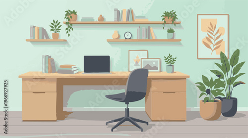 Modern home office workspace with laptop, desk, plants, and bookshelves