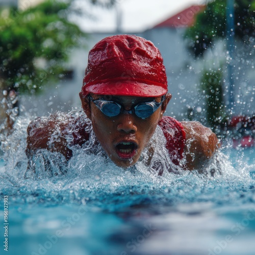 Swimmer Wearing Red Cap and Goggles Swimming Fast in Outdoor Pool