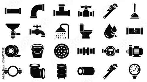 Plumbing Tools and Fixtures Collection Isolated on White Background