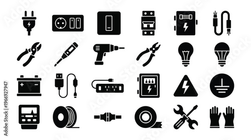 Electrical Tools and Equipment Icons Set