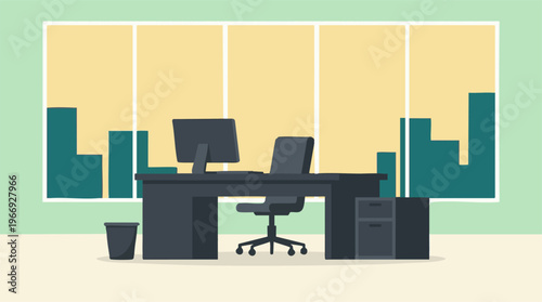 Minimalist Office Interior with Desk, Computer, and Urban Window View