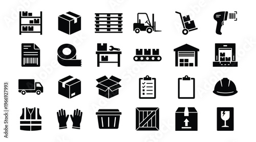 Warehouse Logistics Icons Set with Forklift, Truck, Boxes and and Scanner