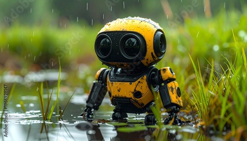 Adorable little robot standing in shallow water during a rain shower.
