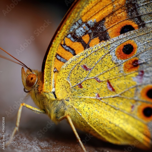 Close-up of Bright Yellow Butterfly with Orange and Black Eye Spots on Wing in Natural Environment