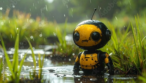 Small yellow robot standing in shallow water during a rainy day.