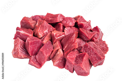 Diced Raw Ostrich meat, uncooked Game Meat isolated on white background. top view
