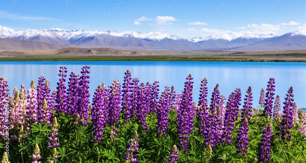 Naklejka premium Lupins in bloom by the lake on a sunny spring day at Tekapo, New Zealand 