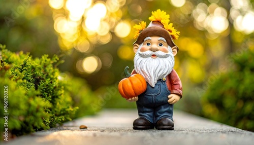 Charming garden gnome holding a small pumpkin in a sunlit autumn garden.